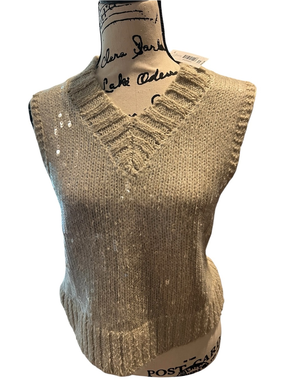 NWT Anna & Ava Oatmeal Sequin Knit Sweater Vest S/M Bling Cozy Fall Shimmer